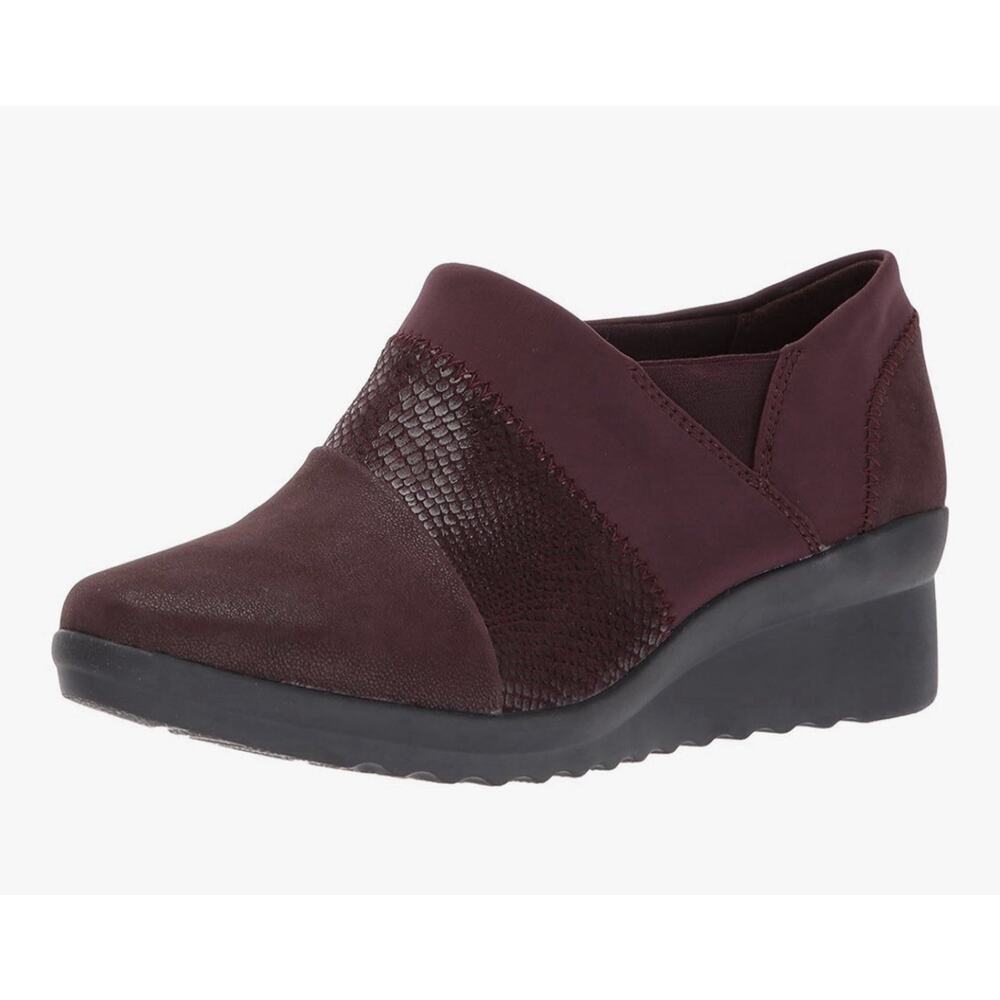 CLARKS CADDELL DENALI Burgundy SNAKESKIN PRINT WEDGE HEEL SHOES Sz 9.5E New
